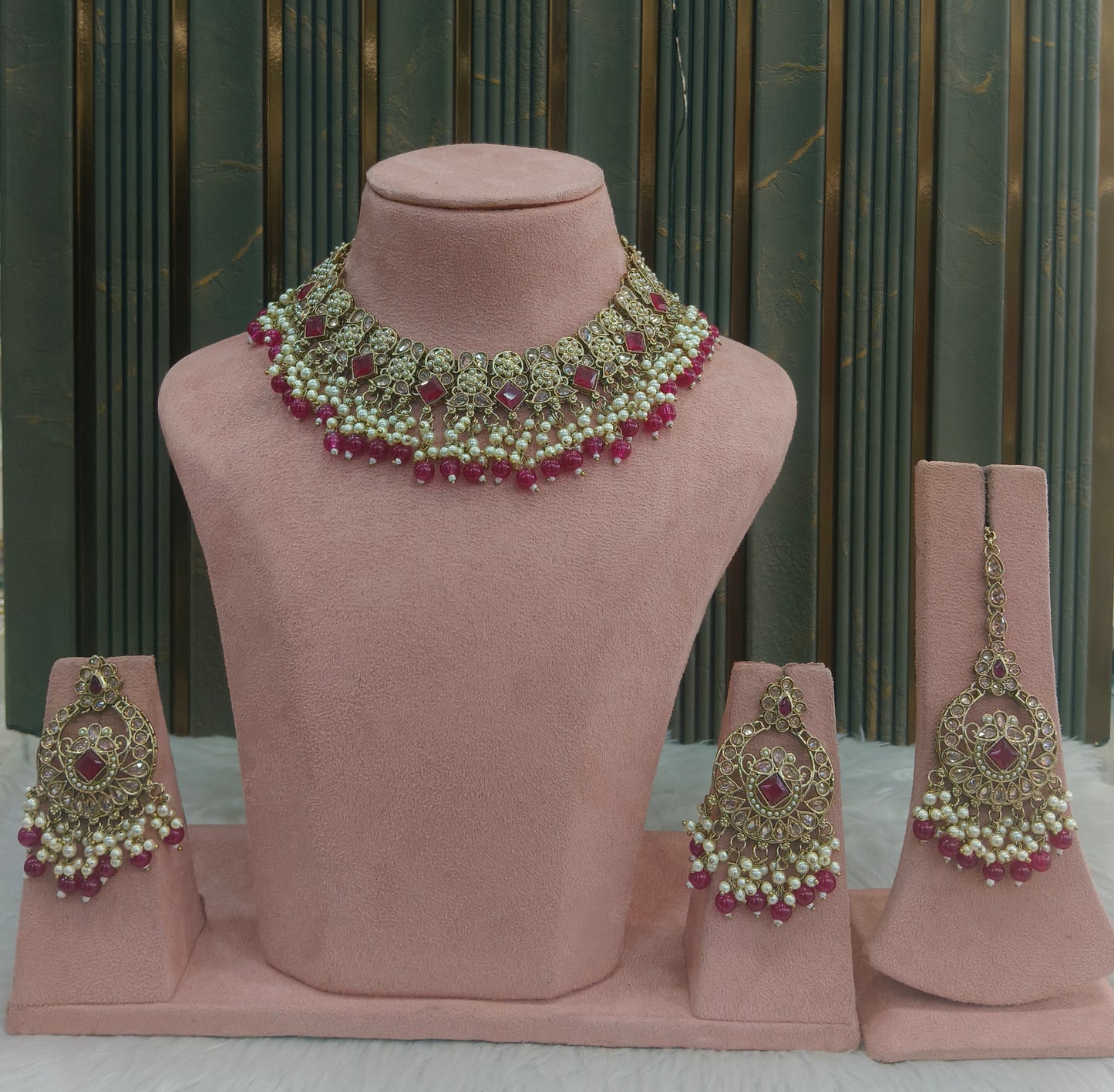 Antique Gold Majenta Necklace Set Indian Bridal Anika Jewellery Online