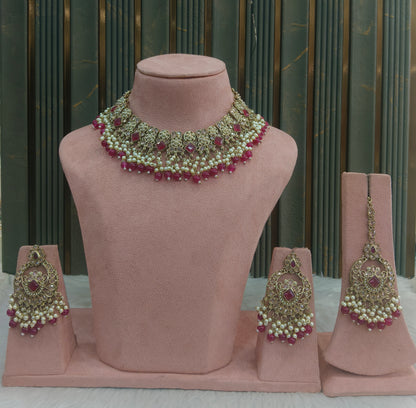 Antique Gold Majenta Necklace Set Indian Bridal Anika Jewellery Online
