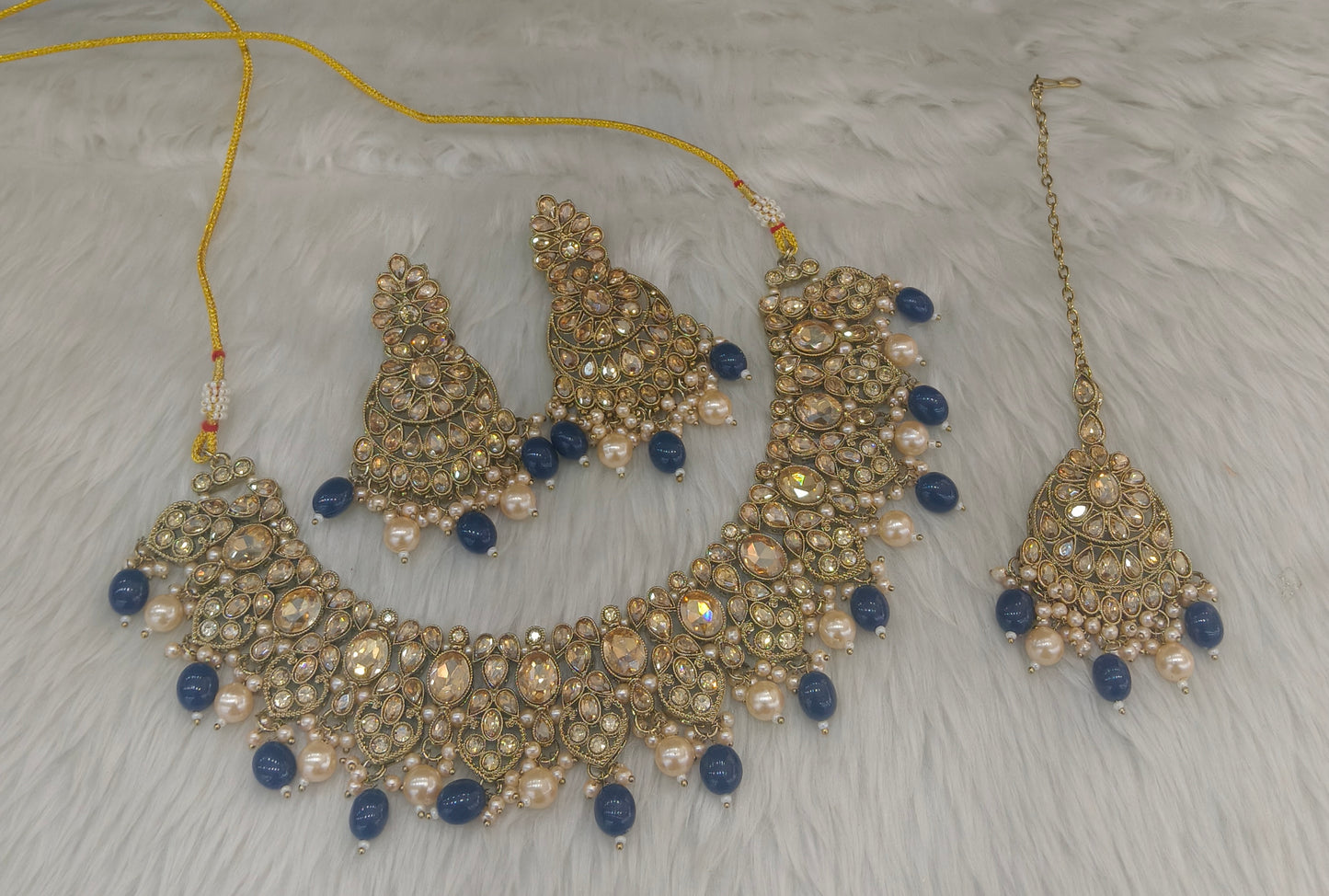 Blue Antique Gold Necklace Indian Jewellery Rasha Set