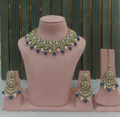 Blue Antique Gold Necklace Indian Jewellery Rasha Set