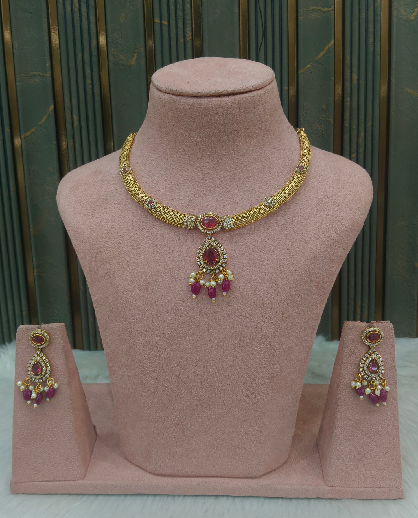 Gold Ruby CZ Necklace indian Jewellery Simi Set