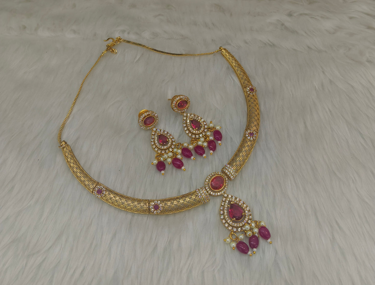 Gold Ruby CZ Necklace indian Jewellery Simi Set