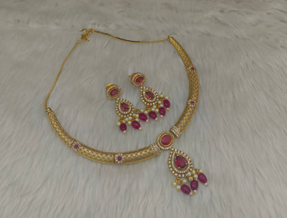 Gold Ruby CZ Necklace indian Jewellery Simi Set