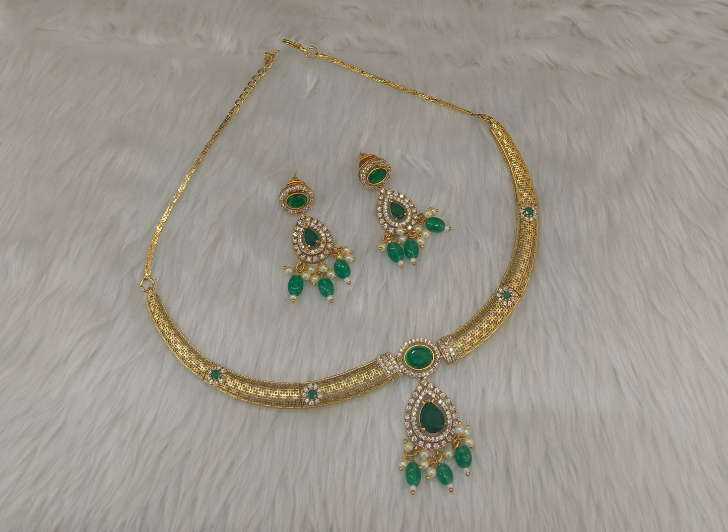 Gold Green CZ Necklace indian Jewellery Simi Set