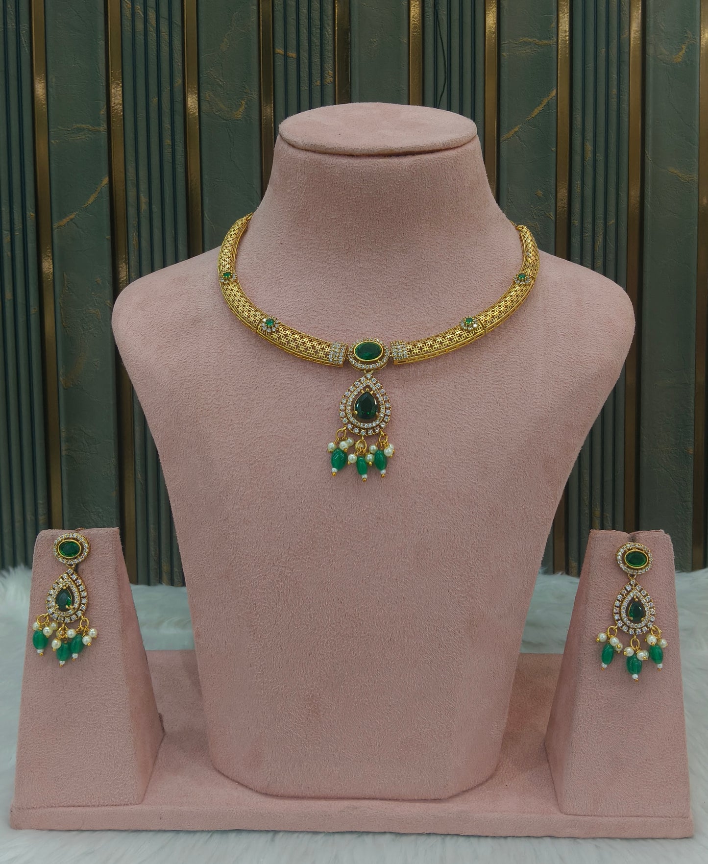 Gold Green CZ Necklace indian Jewellery Simi Set