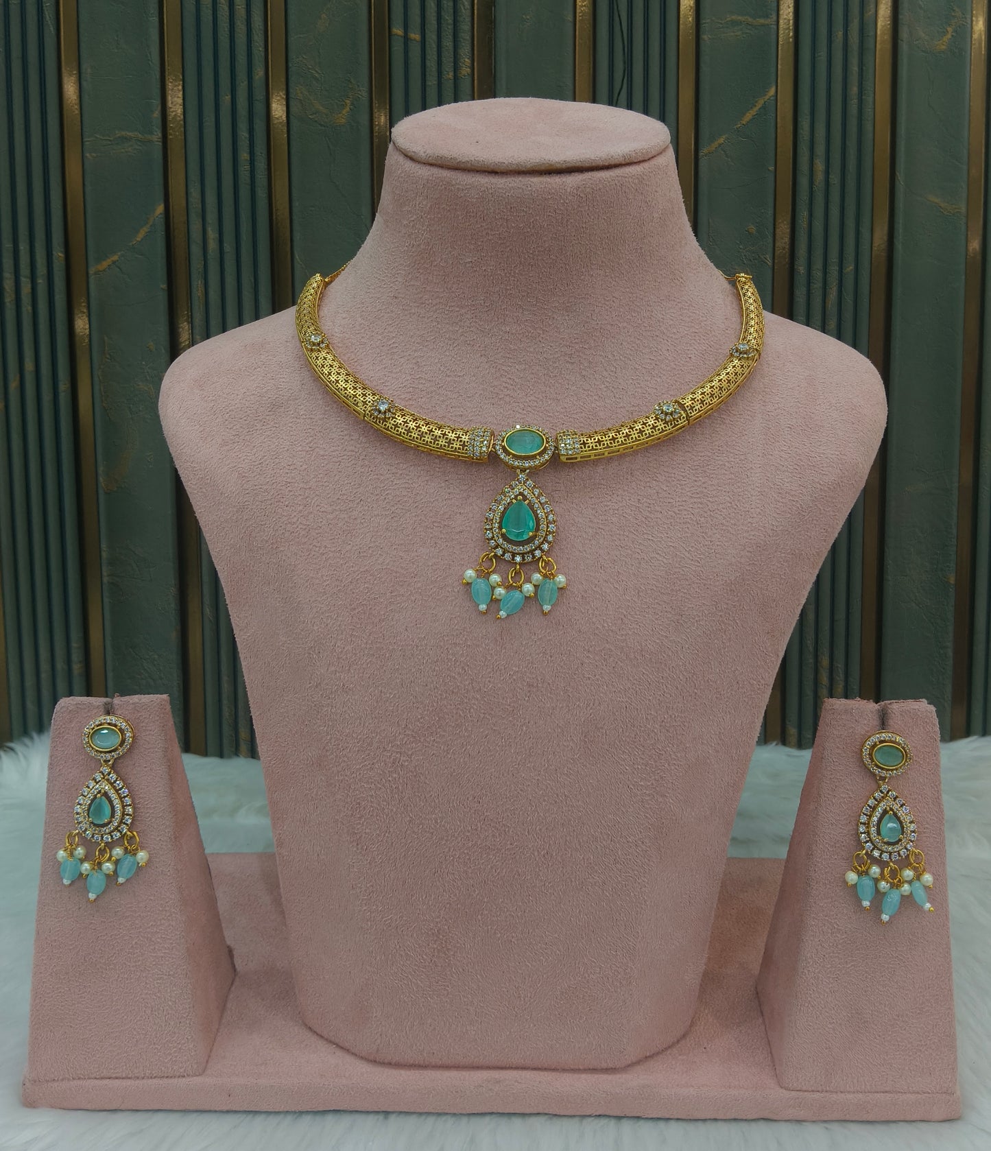 Gold Mint CZ Necklace indian Jewellery Simi Set