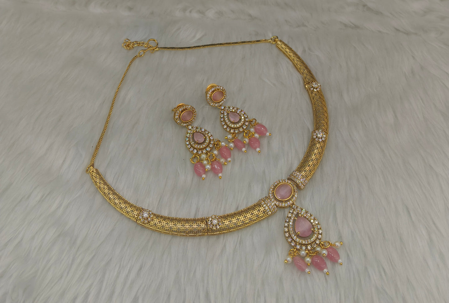 Gold Pink CZ Necklace indian Jewellery Simi Set