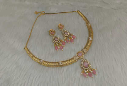 Gold Pink CZ Necklace indian Jewellery Simi Set