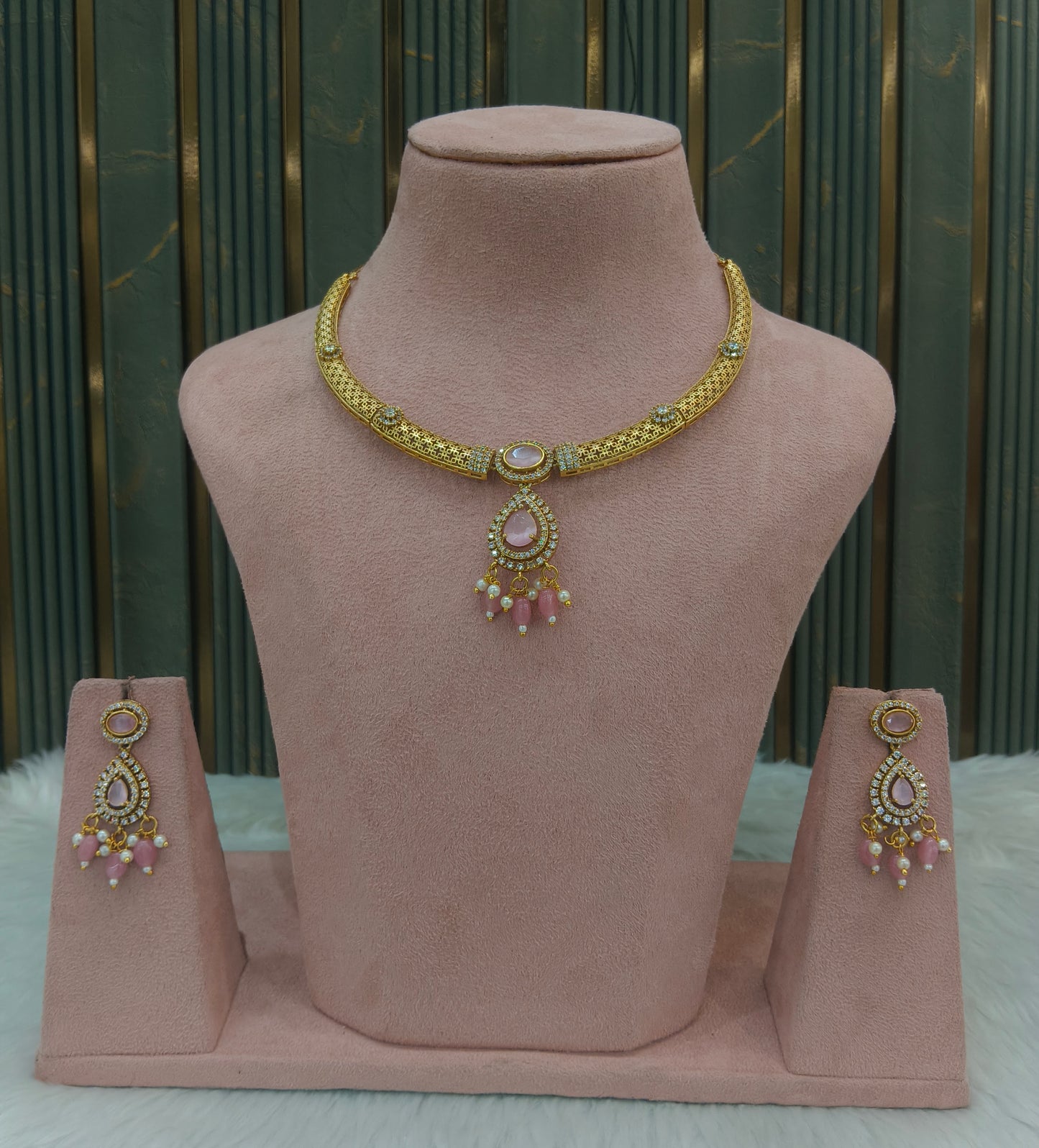Gold Pink CZ Necklace indian Jewellery Simi Set