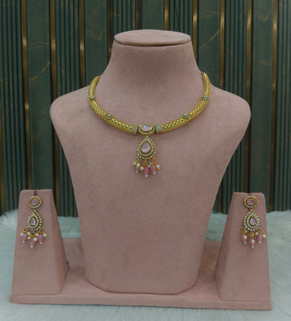 Gold Pink CZ Necklace indian Jewellery Simi Set