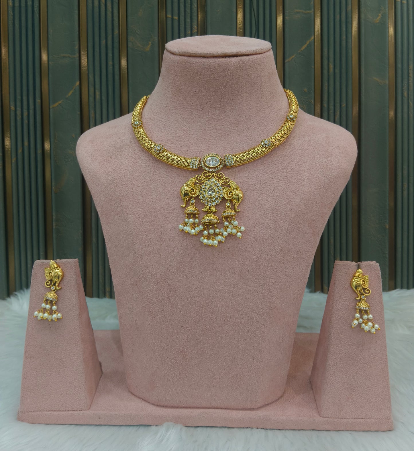 Gold CZ Necklace indian Jewellery Simi Set