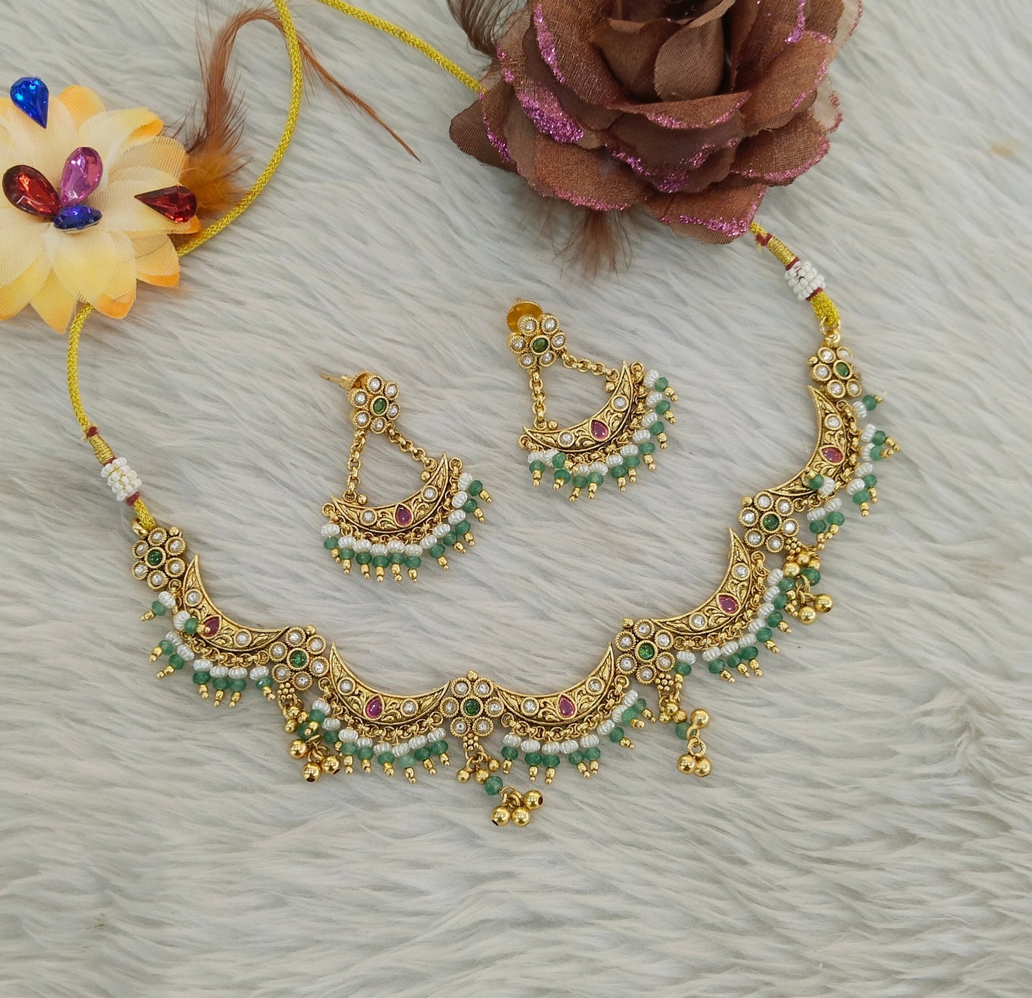 Gold Polki Ruby Sage Green Necklace Jewellery Adya Set