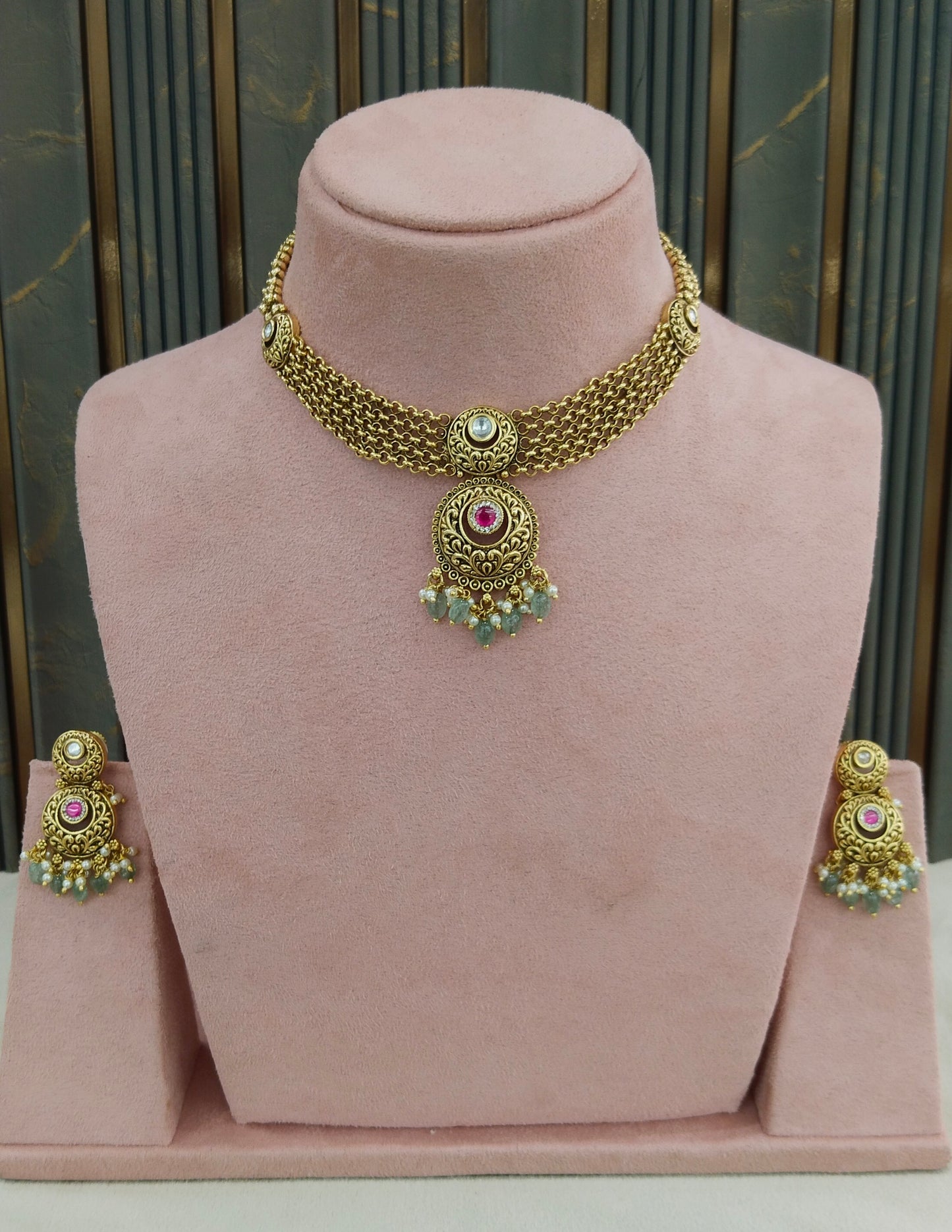Gold Polki Ruby Sage Green Necklace Jewellery Adya Set