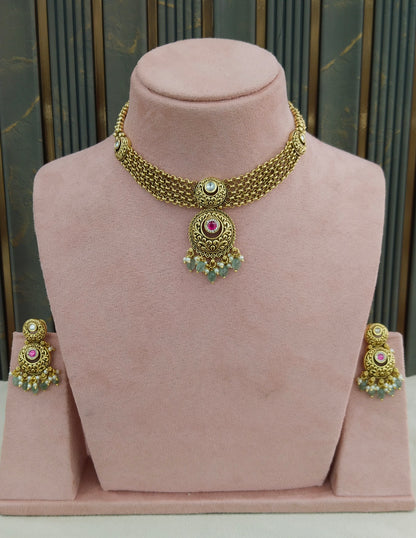 Gold Polki Ruby Sage Green Necklace Jewellery Adya Set
