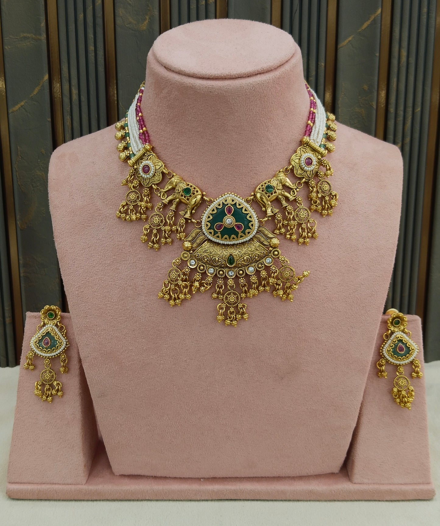 Gold Polki Ruby Sage Green Necklace Jewellery Adya Set