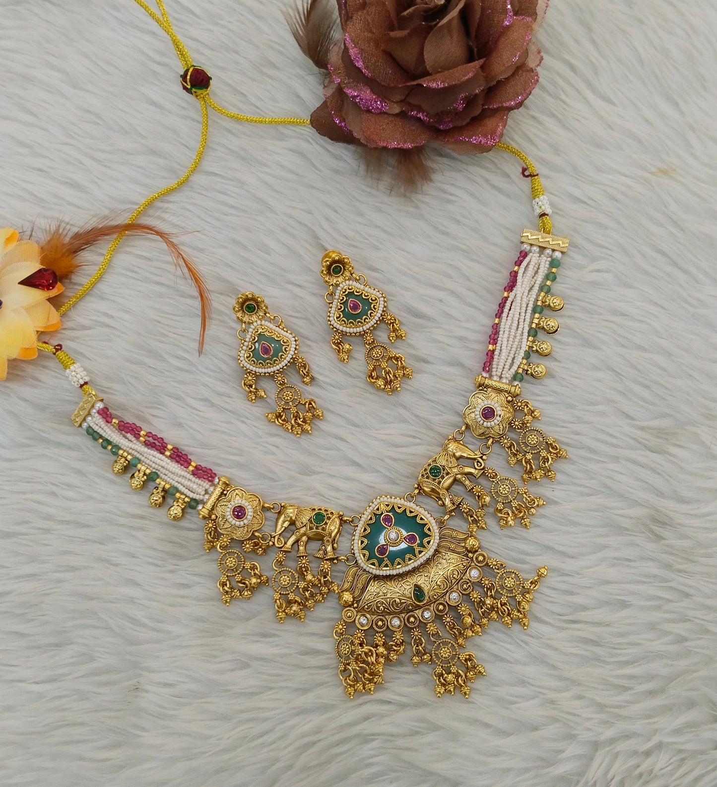 Gold Polki Ruby Sage Green Necklace Jewellery Adya Set