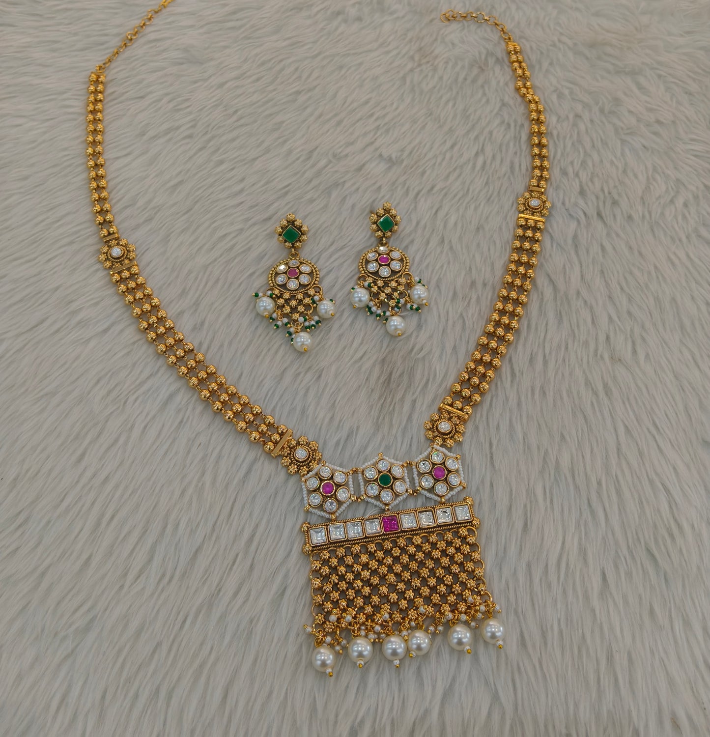 Gold Polki Ruby Green Long Rani Haar Necklace Indian Anaya Jewellery Set