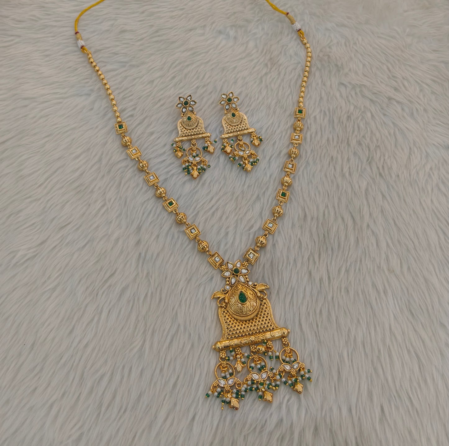 Gold Polki Green Long Rani Haar Necklace Indian Anaya Jewellery Set