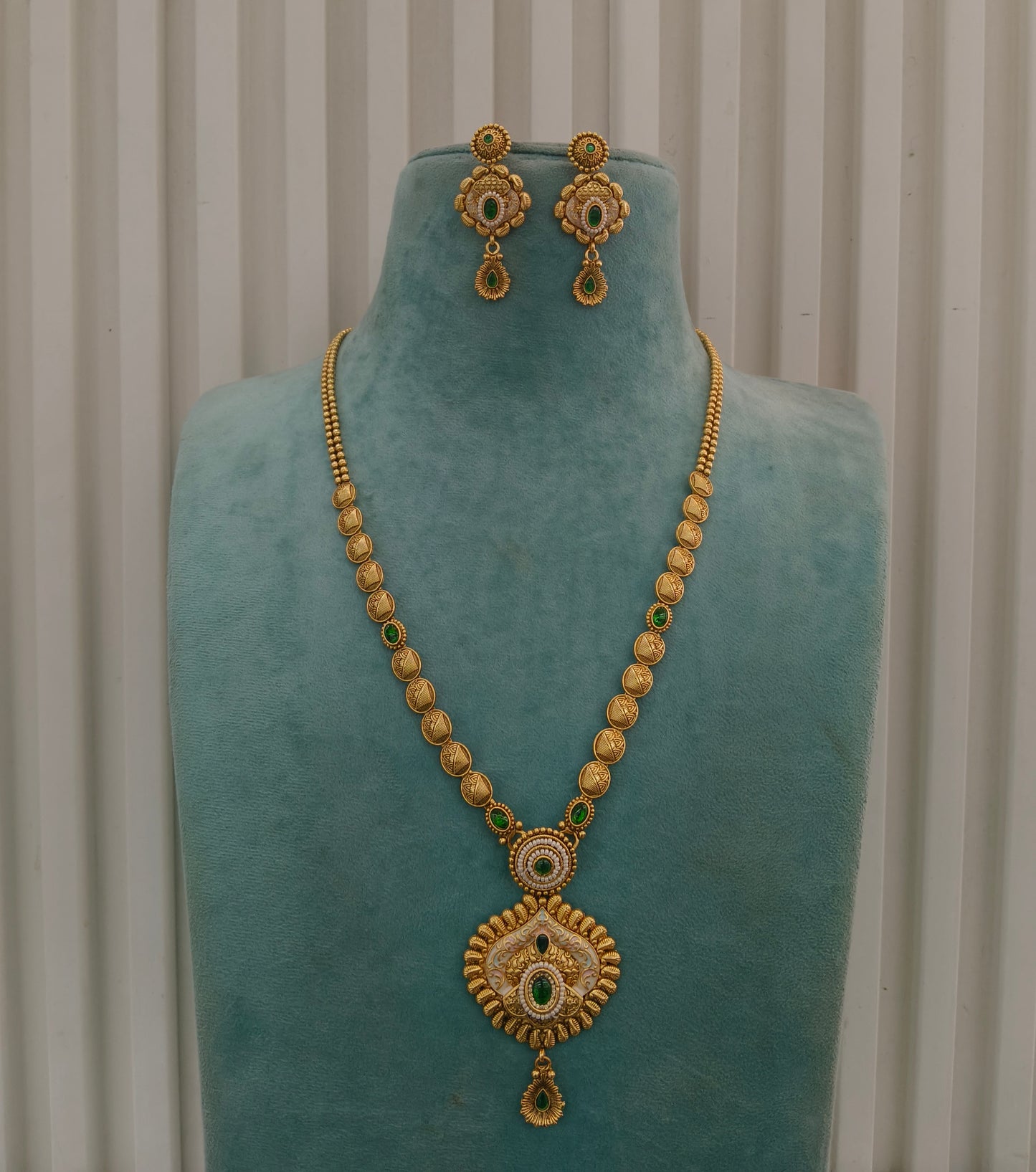 Gold Polki Green Long Rani Haar Necklace Indian Anaya Jewellery Set