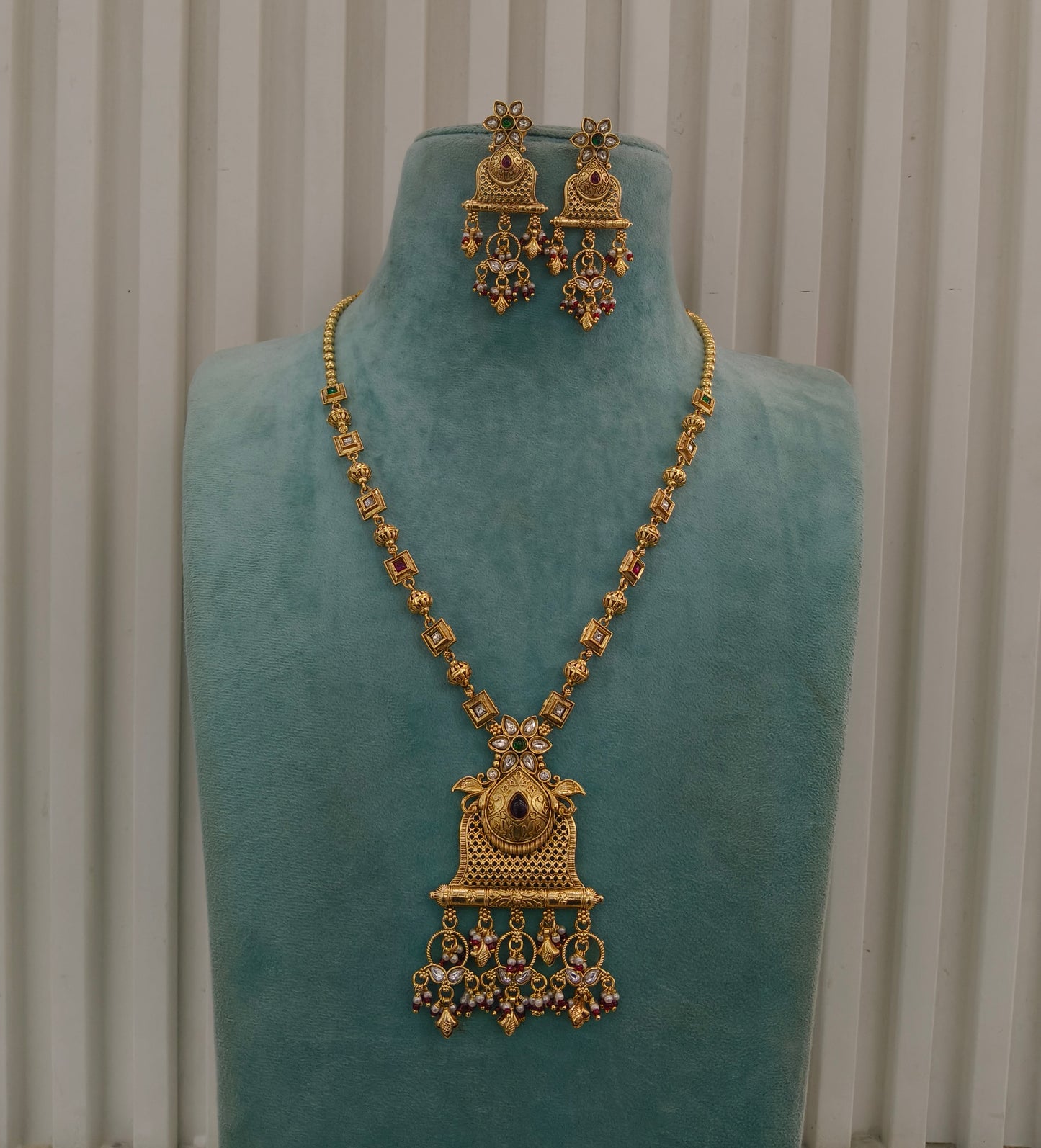 Gold Polki Ruby Green Long Rani Haar Necklace Indian Anaya Jewellery Set