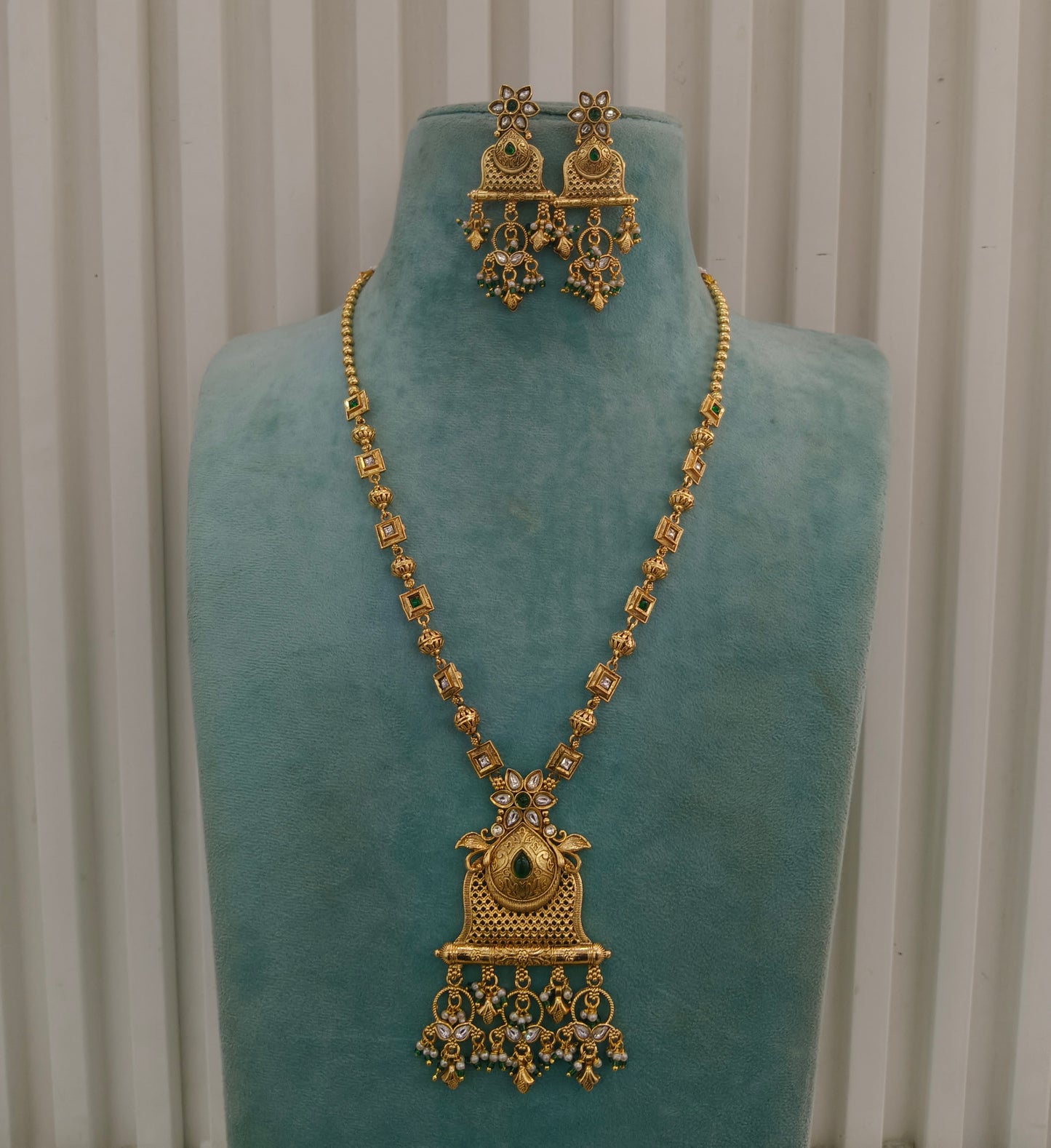 Gold Polki Green Long Rani Haar Necklace Indian Anaya Jewellery Set