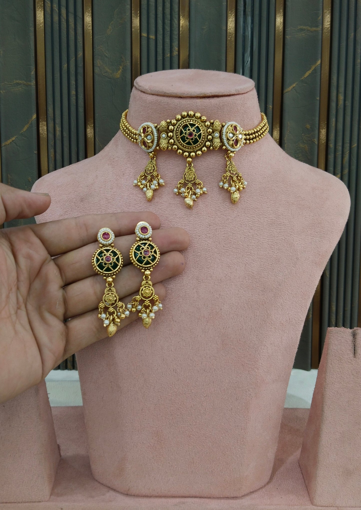 Gold Polki Ruby Green Choker Indian Jewellery Yuka Sets