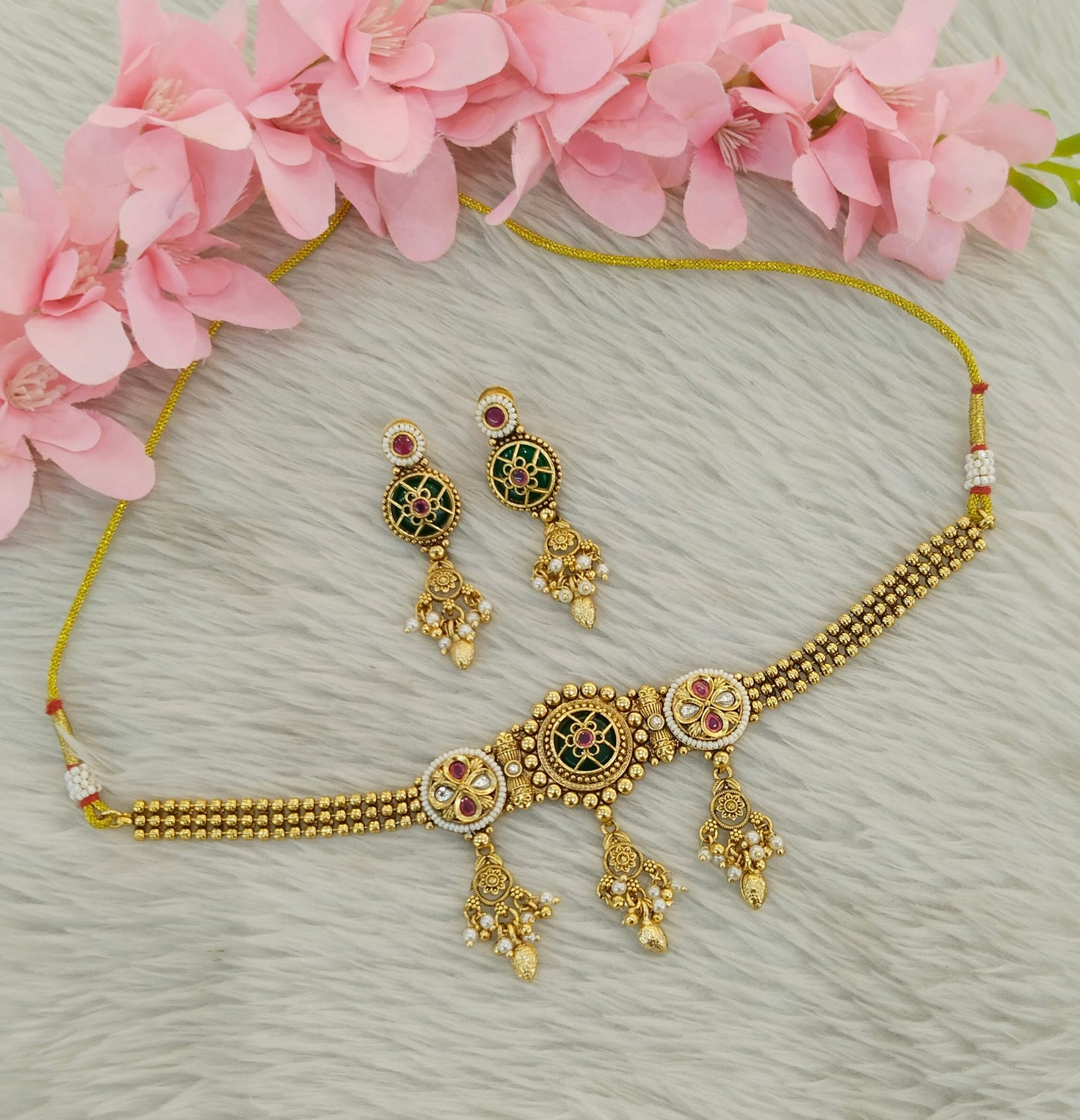 Gold Polki Ruby Green Choker Indian Jewellery Yuka Sets