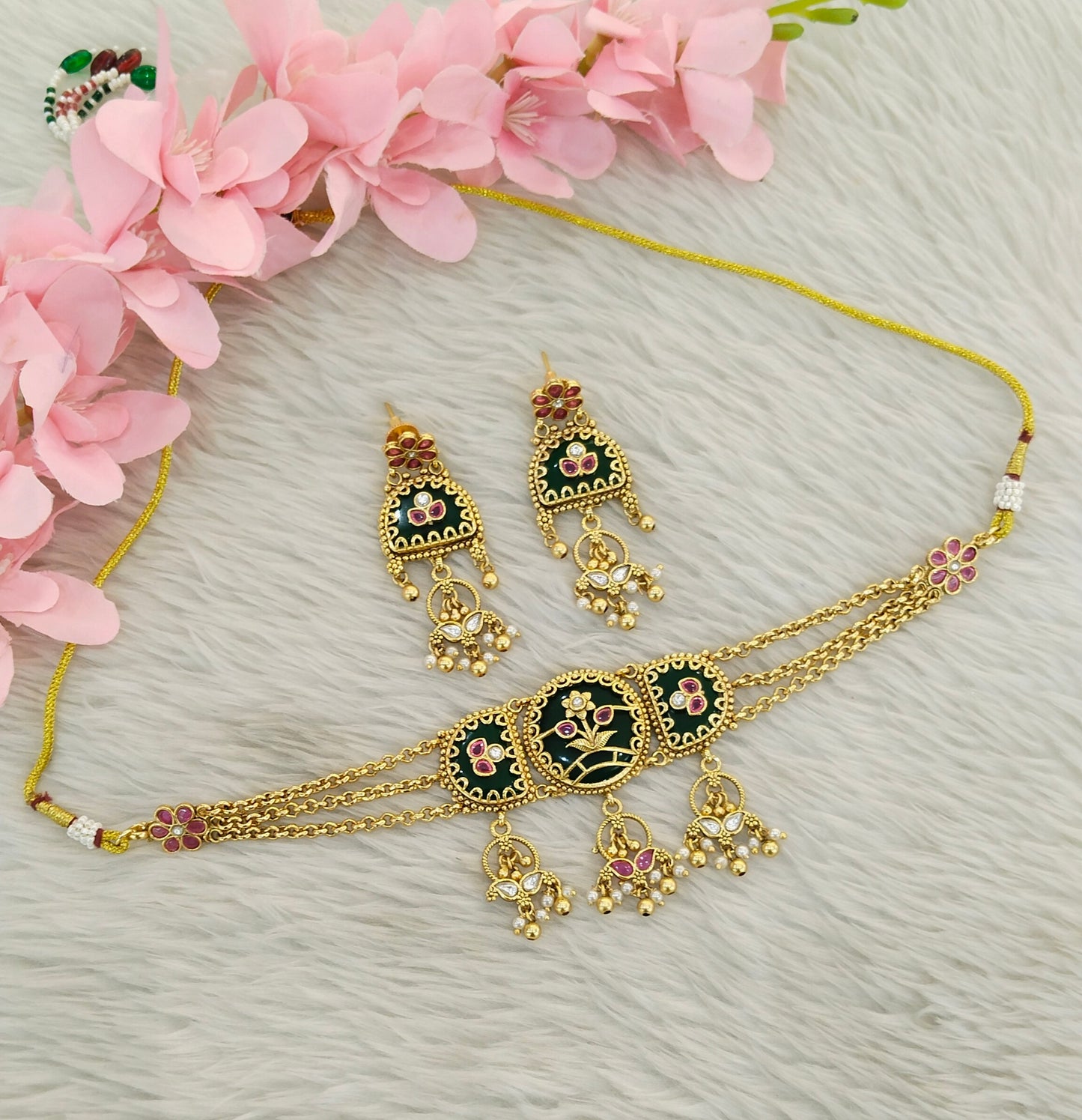Gold Polki Ruby Green Choker Indian Jewellery Yuka Sets