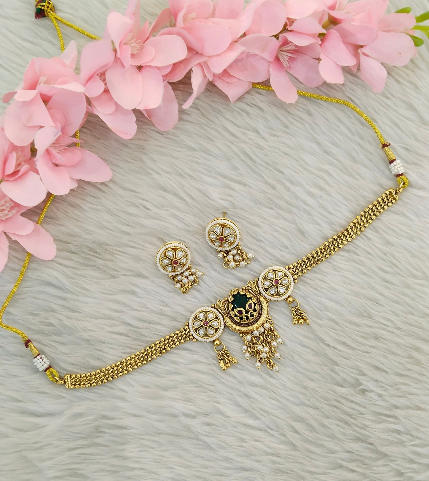 Gold Polki Ruby Green Choker Indian Jewellery Yuka Sets