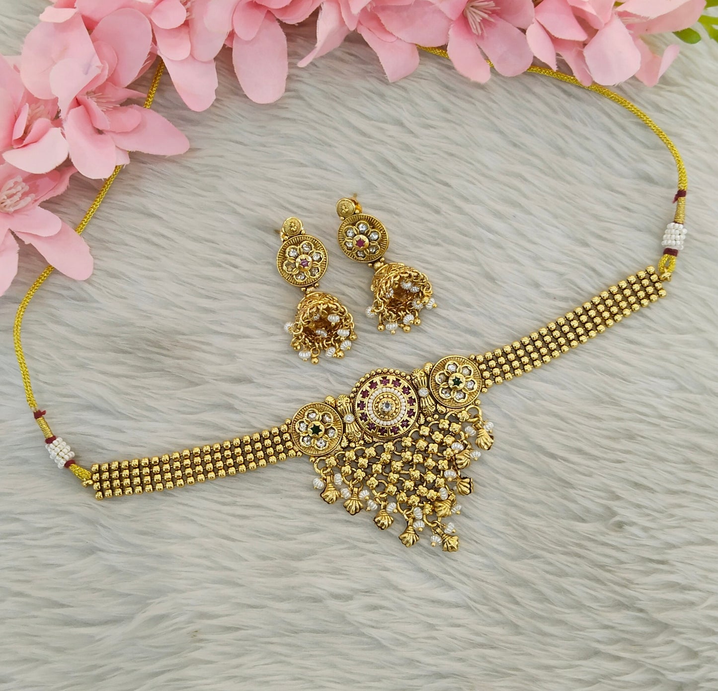 Gold Polki Ruby Green Choker Indian Jewellery Yuka Sets