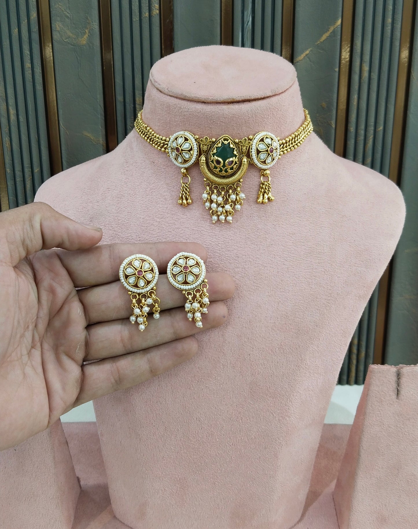 Gold Polki Ruby Sage Green Choker Indian Jewellery Yuka Sets