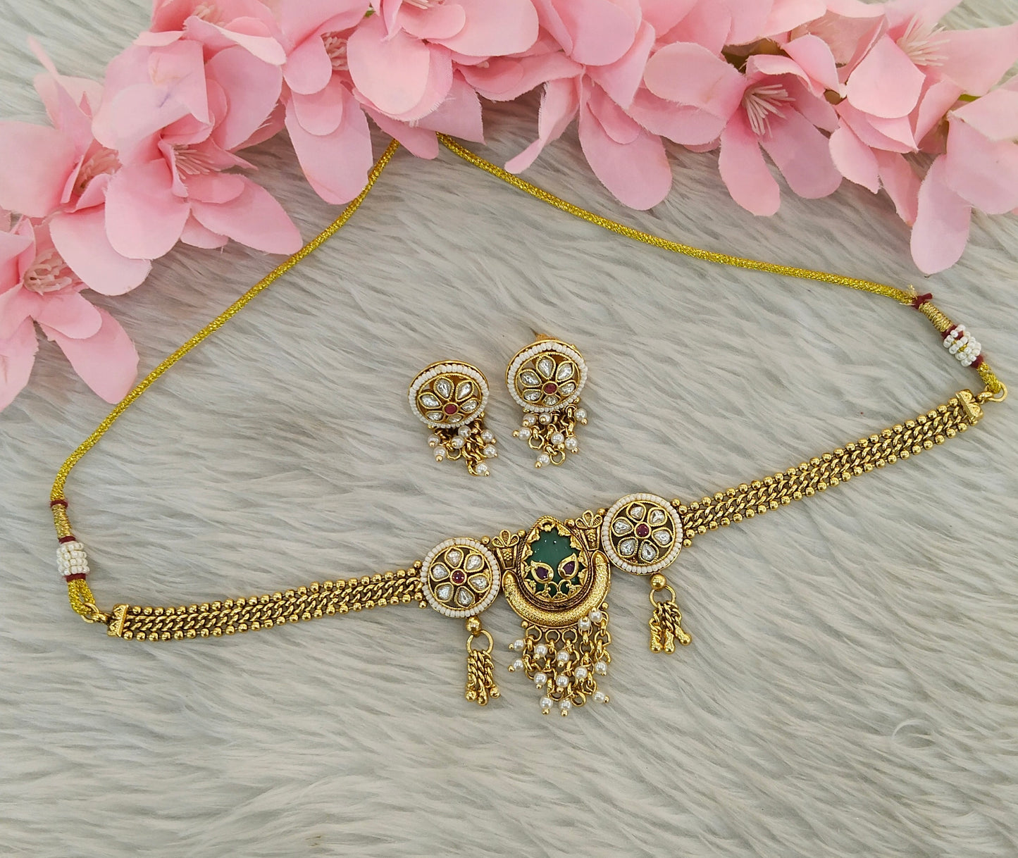 Gold Polki Ruby Sage Green Choker Indian Jewellery Yuka Sets