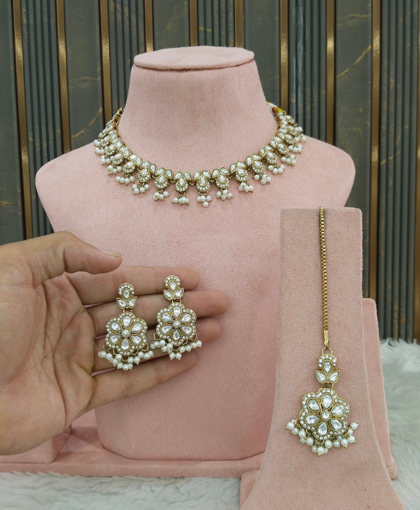 Gold Moissanite Kundan Necklace Indian Jewellery Manddy Set