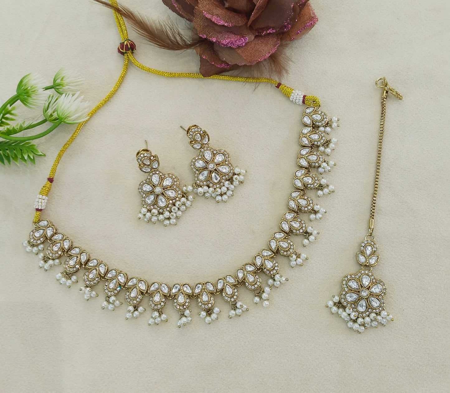 Gold Moissanite Kundan Necklace Indian Jewellery Manddy Set