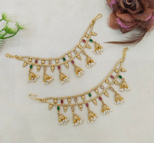 Gold polki Ruby Green Indian sahare earchains
