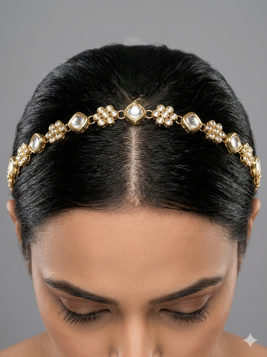 Gold White Headpiece Matha Patti sheesh fool Head Jewellery