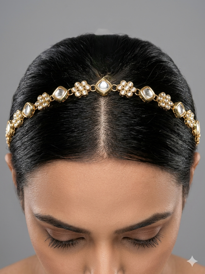 Gold White Headpiece Matha Patti sheesh fool Head Jewellery
