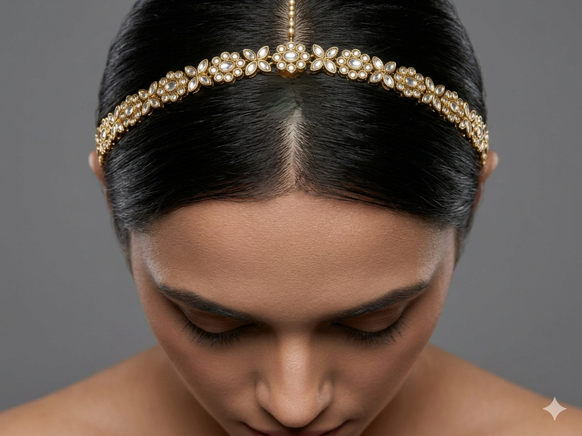 Gold White Headpiece Matha Patti sheesh fool Head Jewellery