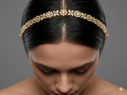 Gold White Headpiece Matha Patti sheesh fool Head Jewellery
