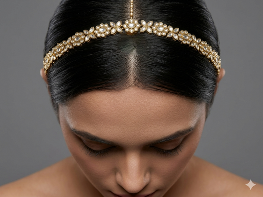 Gold White Headpiece Matha Patti sheesh fool Head Jewellery