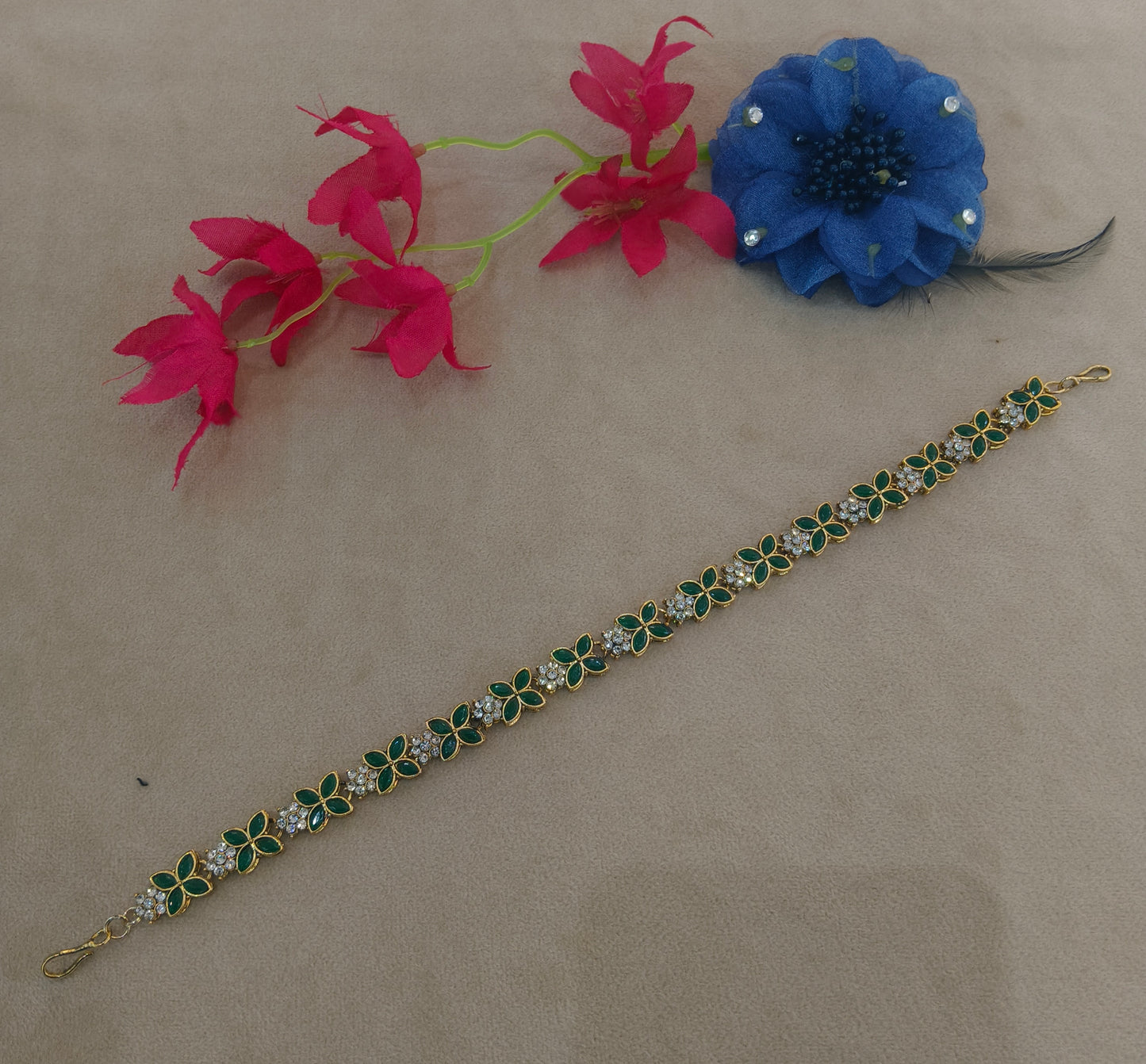 Gold Green Headpiece Matha Patti sheesh fool Head Jewellery