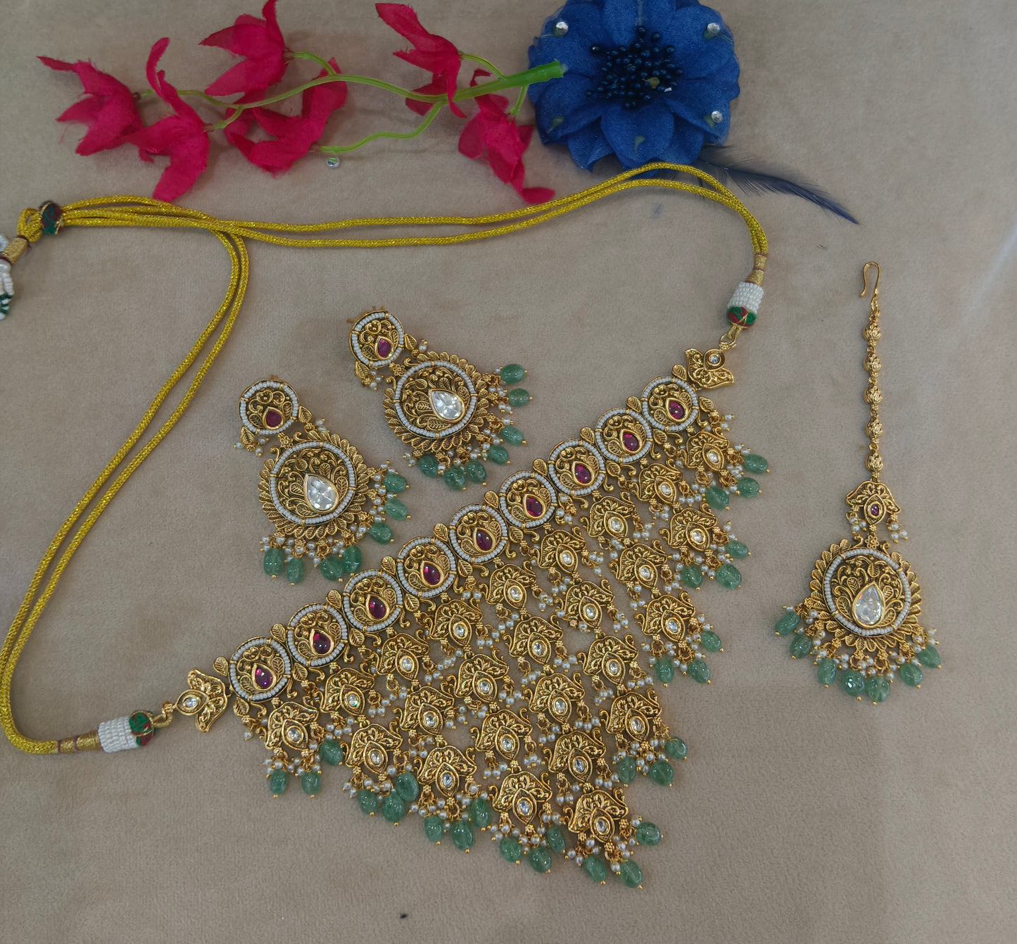 Gold Polki Ruby Sage Green Choker Jewellery Akash Set