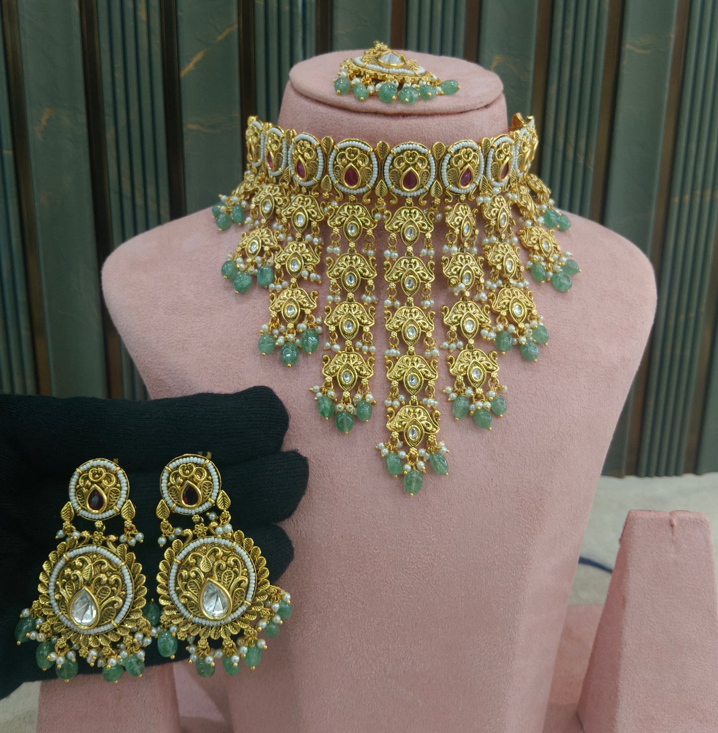 Gold Polki Ruby Sage Green Choker Jewellery Akash Set