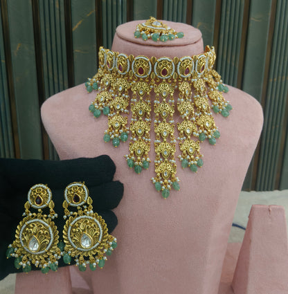 Gold Polki Ruby Sage Green Choker Jewellery Akash Set