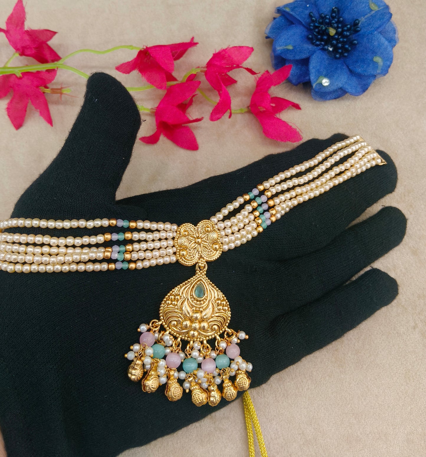 Gold Polish Mint Pink Punjabi Look Palvir Necklace Sets