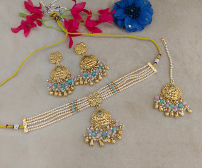 Gold Polish Mint Pink Punjabi Look Palvir Necklace Sets