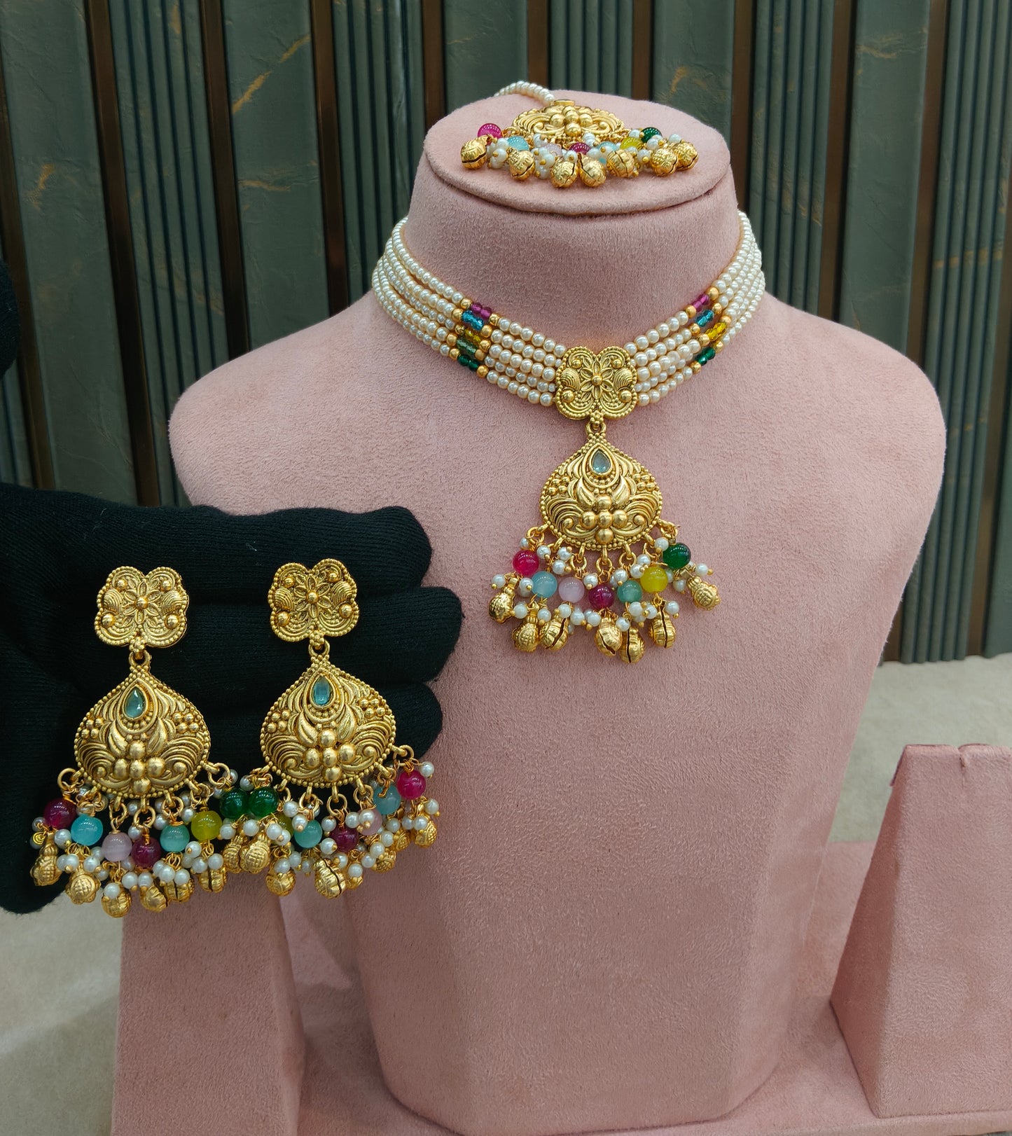 Gold Polish Multi Color Punjabi Look Palvir Necklace Sets