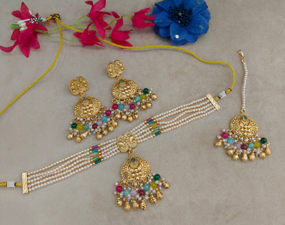 Gold Polish Multi Color Punjabi Look Palvir Necklace Sets