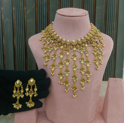 Gold White Polki Waterfall Necklace Jewellery Harveen Set