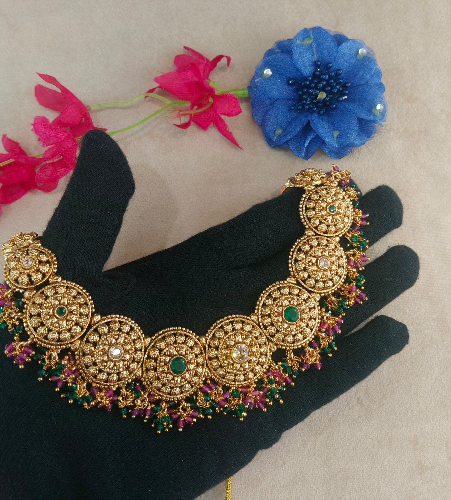 Gold Polki Ruby Green Necklace Jewellery Veerpal Set